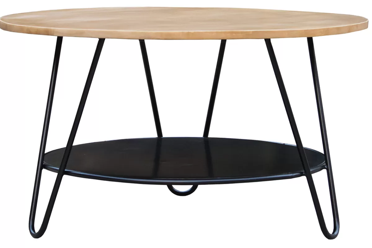 Miliboo Mesas De Salón-Mesa de centro redonda de madera de mango maciza y metal negro PRIYA