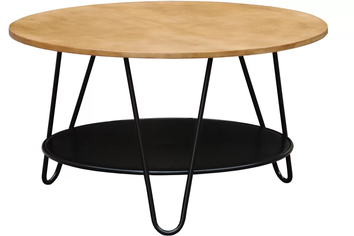 Miliboo Mesas De Salón-Mesa de centro redonda de madera de mango maciza y metal negro PRIYA