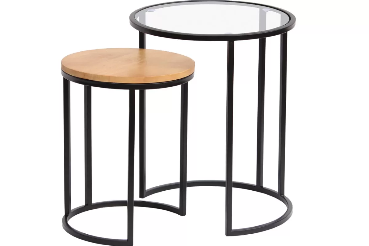 Miliboo Mesilla Auxiliar-Mesas nido auxiliares de cristal templado y madera de mango maciza TAHL