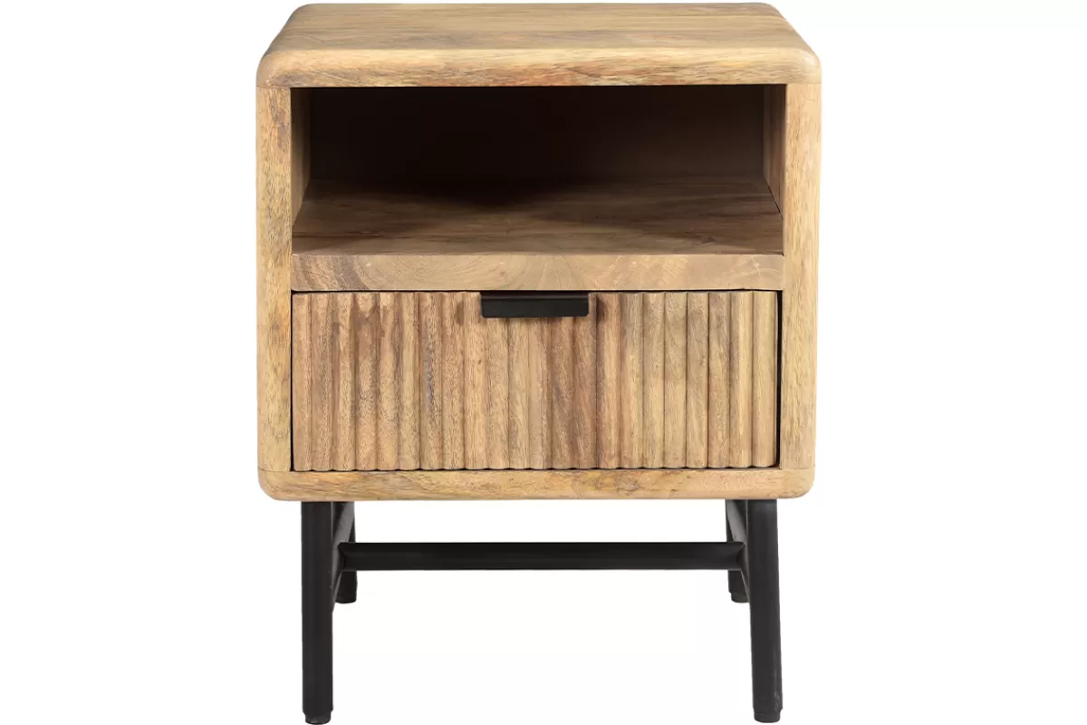 Miliboo Mesillas De Noche-Mesilla de noche con almacenaje de madera maciza de mango y metal negro 40 cm MORISSON