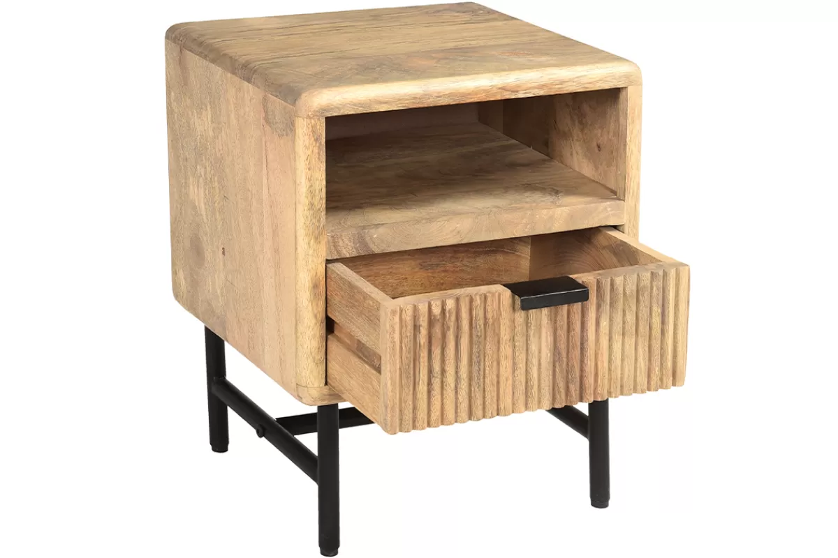 Miliboo Mesillas De Noche-Mesilla de noche con almacenaje de madera maciza de mango y metal negro 40 cm MORISSON