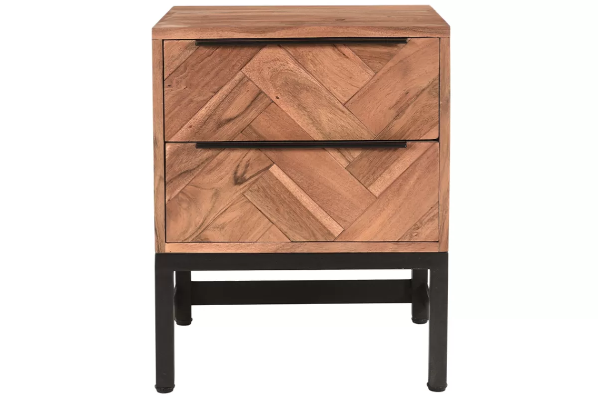 Miliboo Mesillas De Noche-Mesilla de noche con estampado de espiga de acacia maciza y metal negro STICK