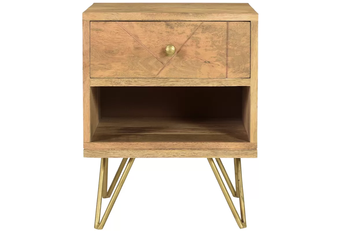 Miliboo Mesillas De Noche-Mesilla de noche de madera de mango macizo tallada y metal dorado LINIUM
