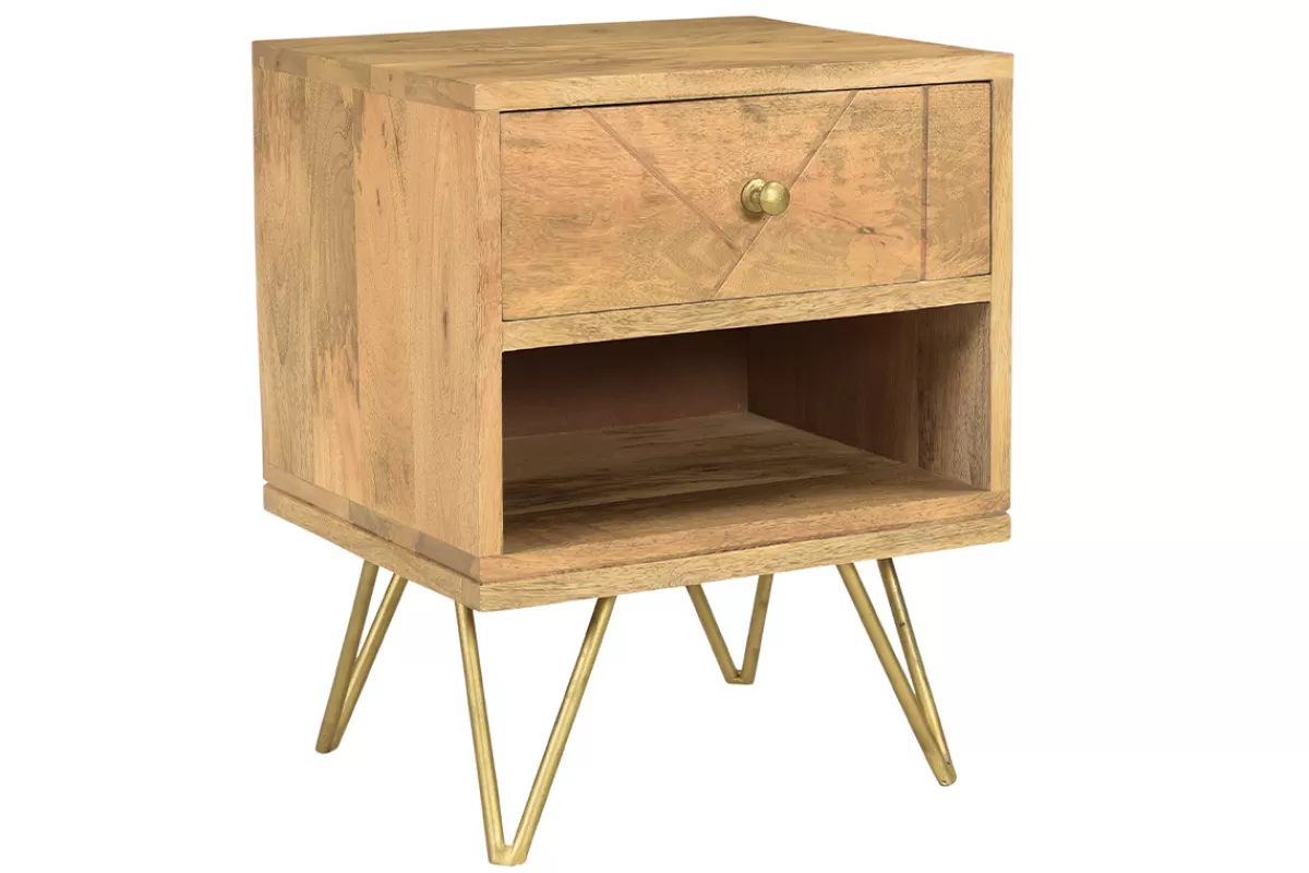 Miliboo Mesillas De Noche-Mesilla de noche de madera de mango macizo tallada y metal dorado LINIUM