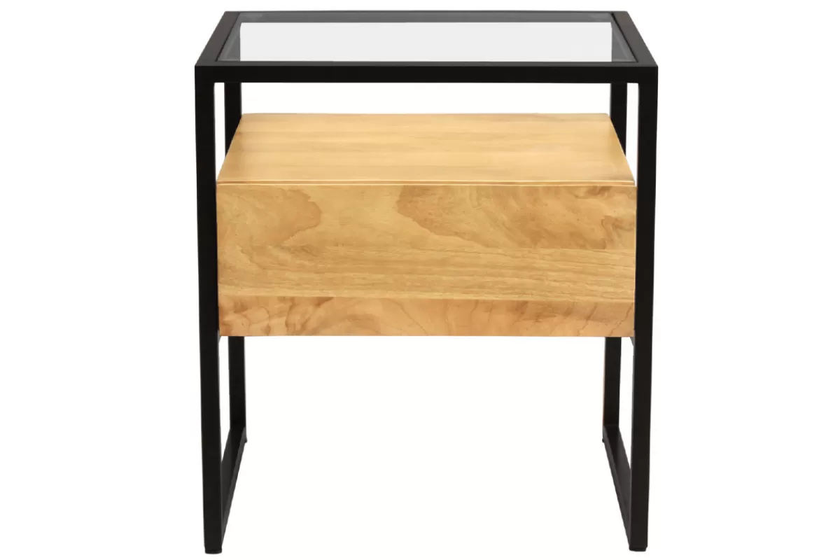 Miliboo Mesillas De Noche-Mesilla de noche de madera maciza de mango, cristal y metal negro con cajón 50 cm DIYA