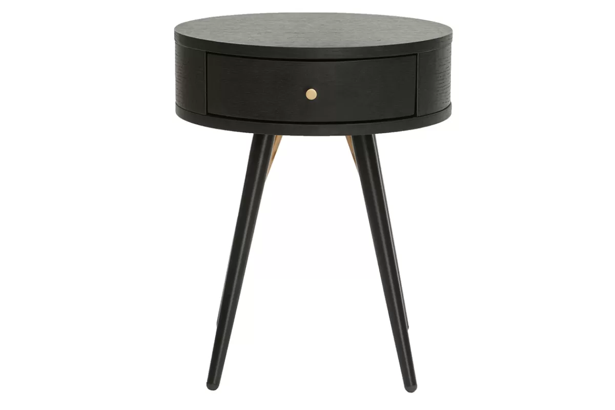 Miliboo Mesillas De Noche-Mesilla de noche vintage redonda de madera y metal negro con detalles dorados KORAL