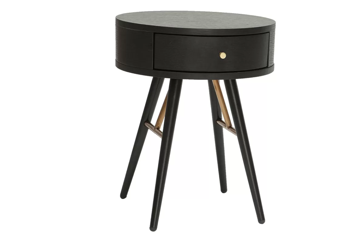 Miliboo Mesillas De Noche-Mesilla de noche vintage redonda de madera y metal negro con detalles dorados KORAL