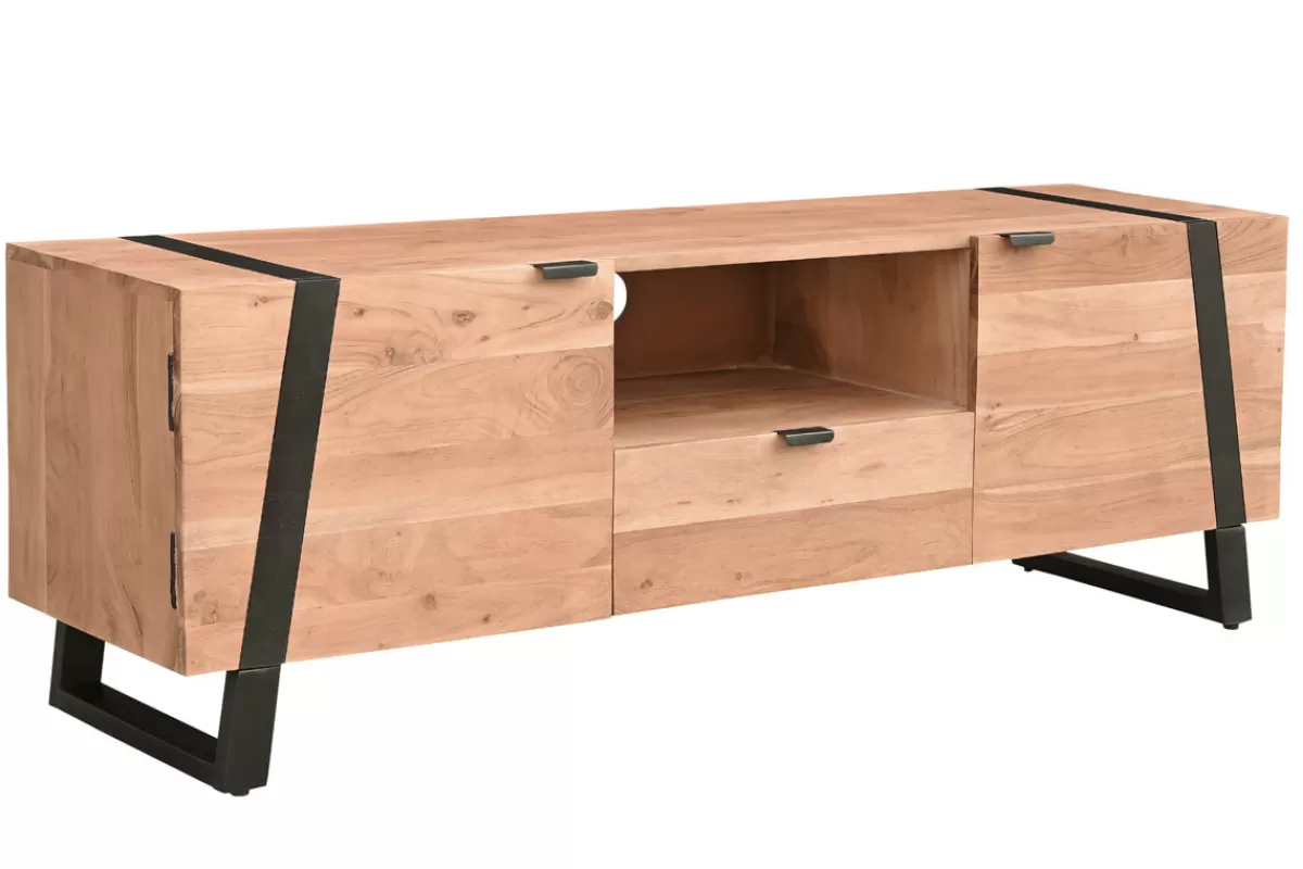 Miliboo Mueble Tv De Diseño-Mueble TV de acacia maciza y metal negro 150 cm ALVARO