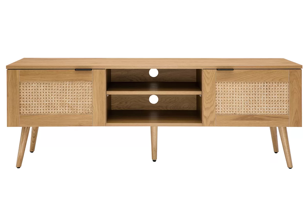 Miliboo Mueble Tv De Diseño-Mueble TV de madera clara, mimbre y metal negro con 2 puertas 140 cm MANILLE