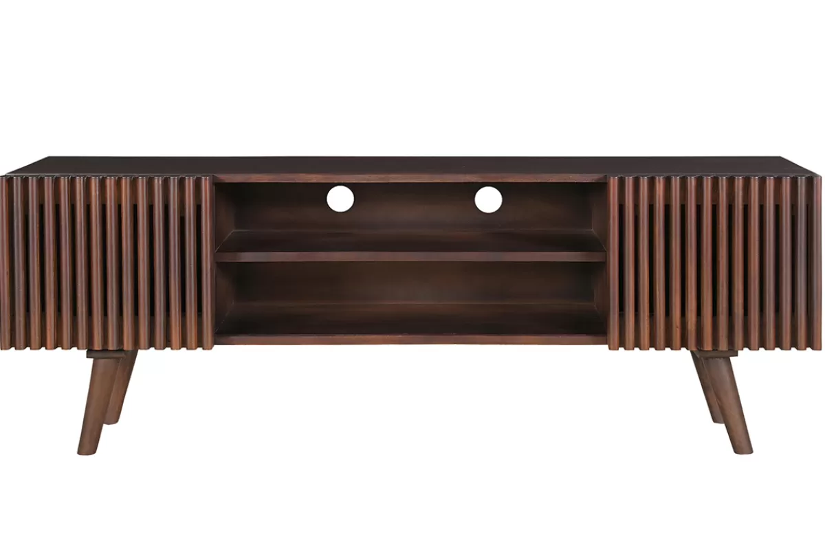 Miliboo Mueble Tv De Diseño-Mueble TV de madera maciza de mango oscuro con puertas correderas 140 cm ALBA