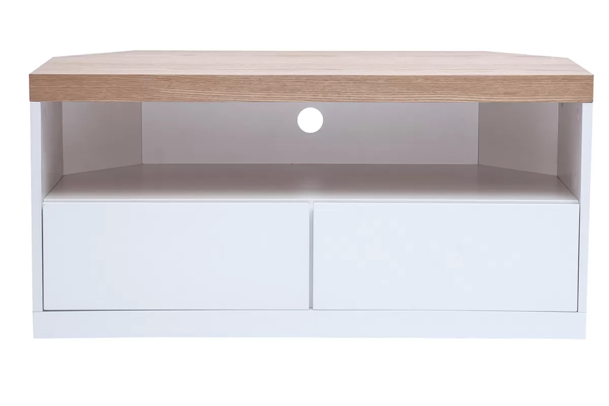 Miliboo Mueble Tv De Diseño-Mueble TV esquinero de contrachapado de madera de fresno y blanco MAX