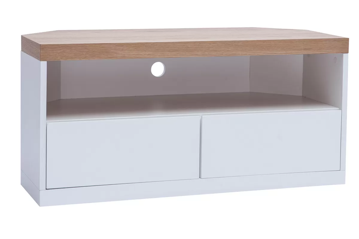 Miliboo Mueble Tv De Diseño-Mueble TV esquinero de contrachapado de madera de fresno y blanco MAX