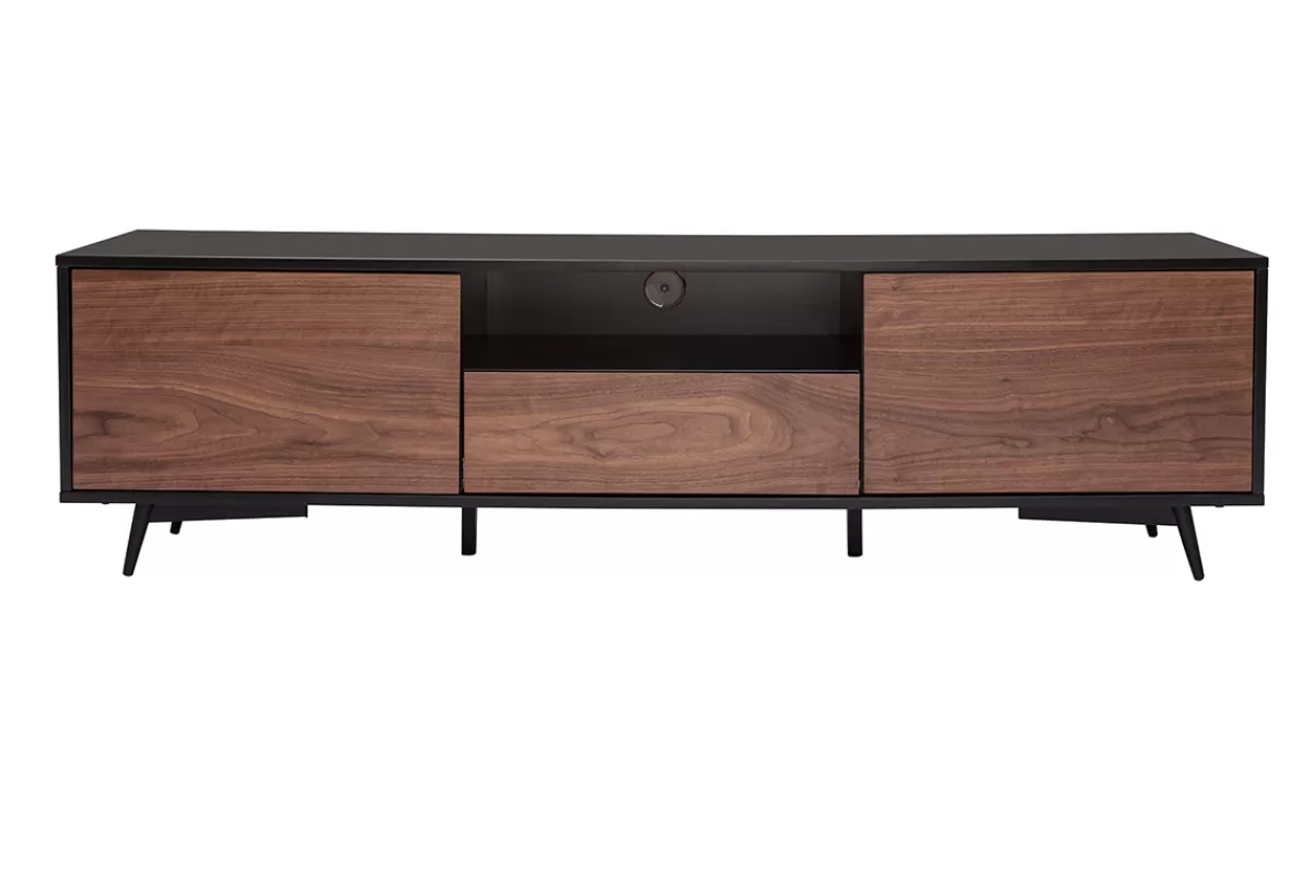 Miliboo Mueble Tv De Diseño-Mueble TV negro mate y contrachapado de nogal con 2 puertas y 1 cajón 160 cm MERMOZ