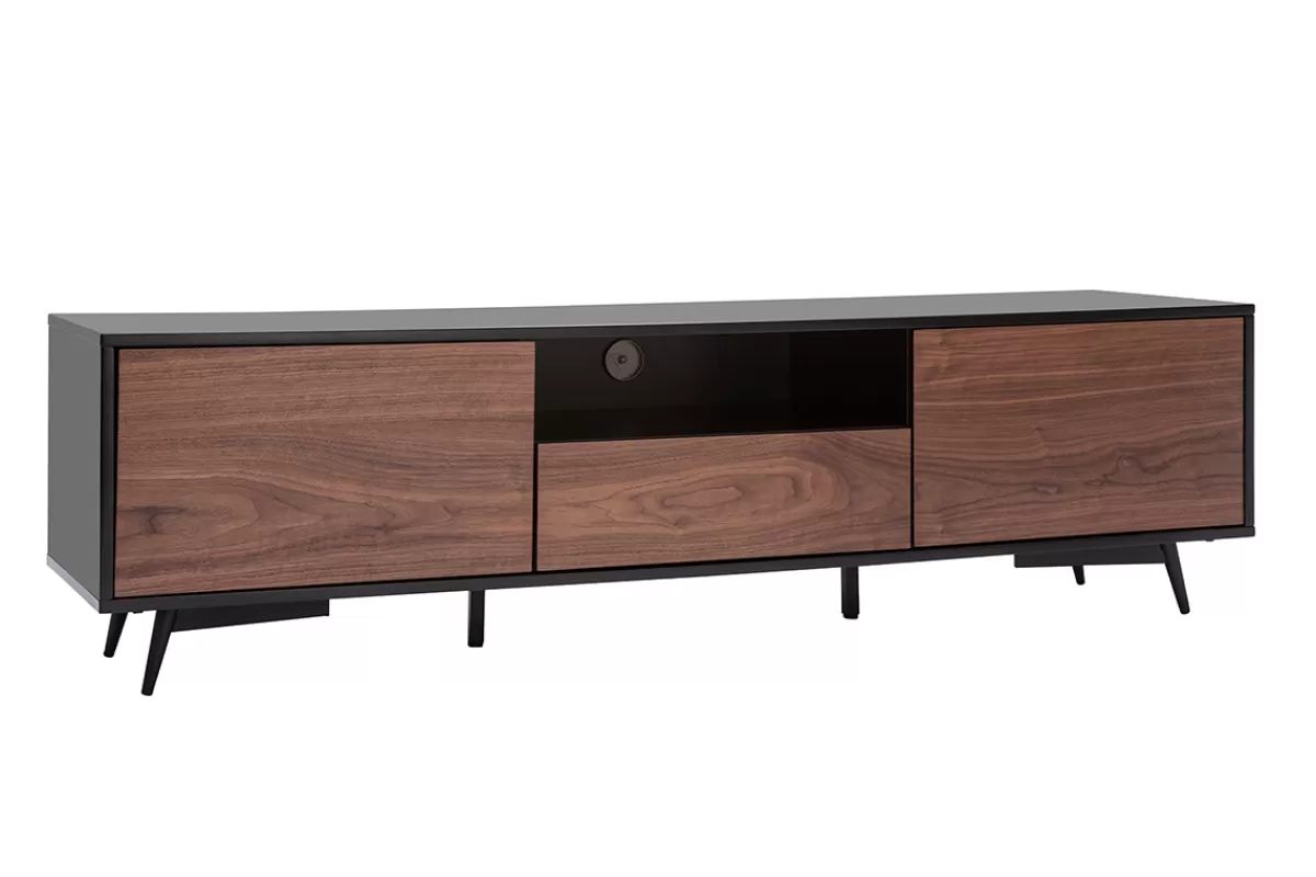 Miliboo Mueble Tv De Diseño-Mueble TV negro mate y contrachapado de nogal con 2 puertas y 1 cajón 160 cm MERMOZ