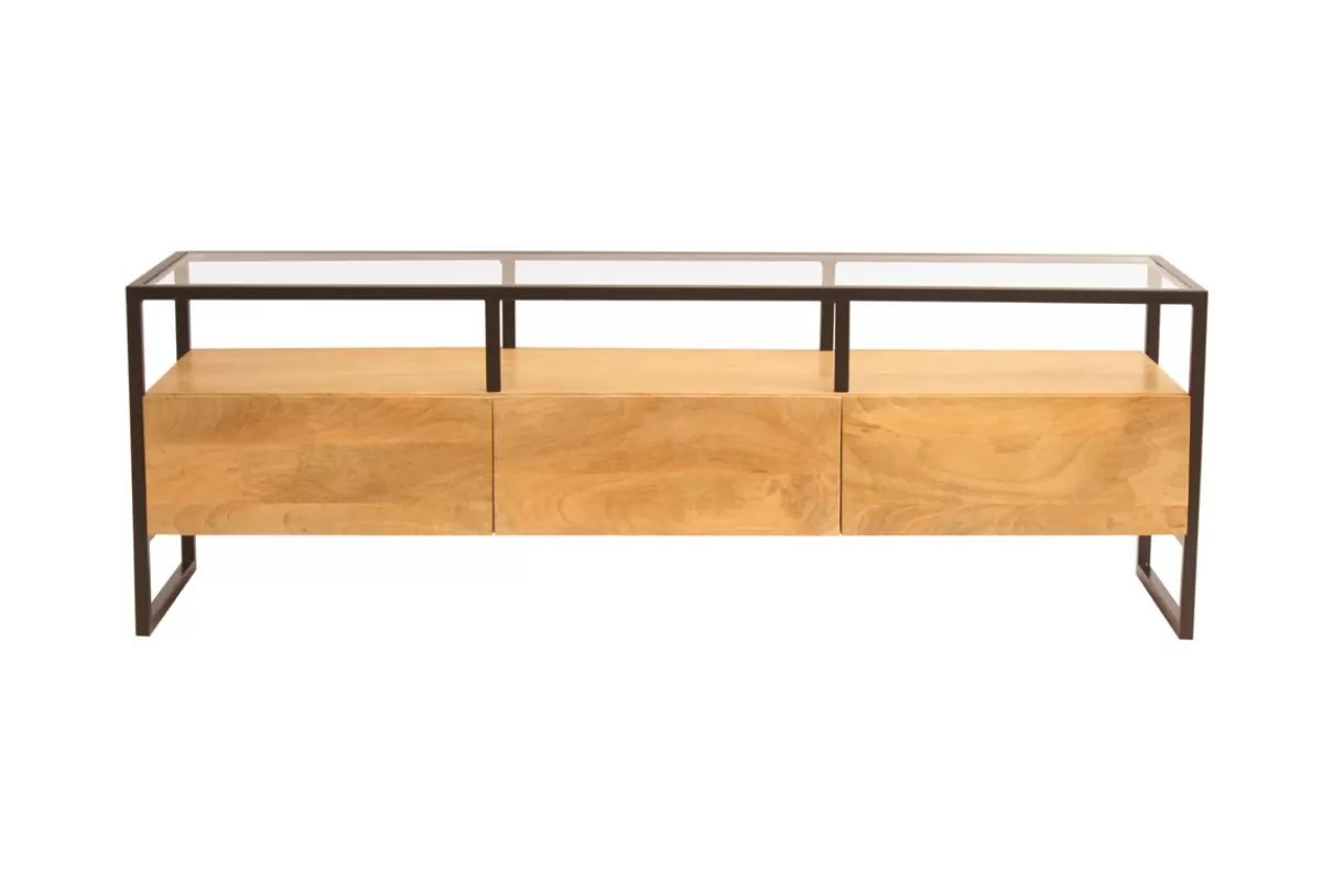 Miliboo Mueble Tv De Diseño-Mueble TV rectangular con almacenaje de madera maciza de mango, cristal y metal negro 150 cm DIYA