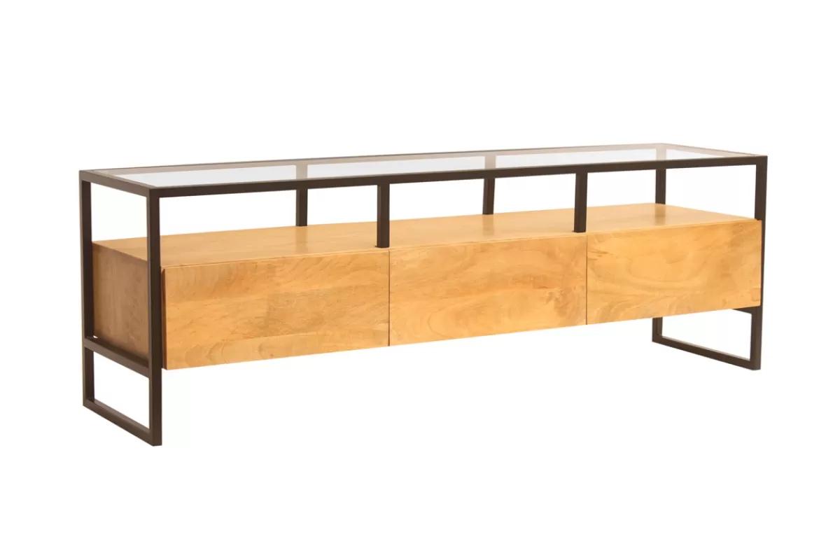 Miliboo Mueble Tv De Diseño-Mueble TV rectangular con almacenaje de madera maciza de mango, cristal y metal negro 150 cm DIYA