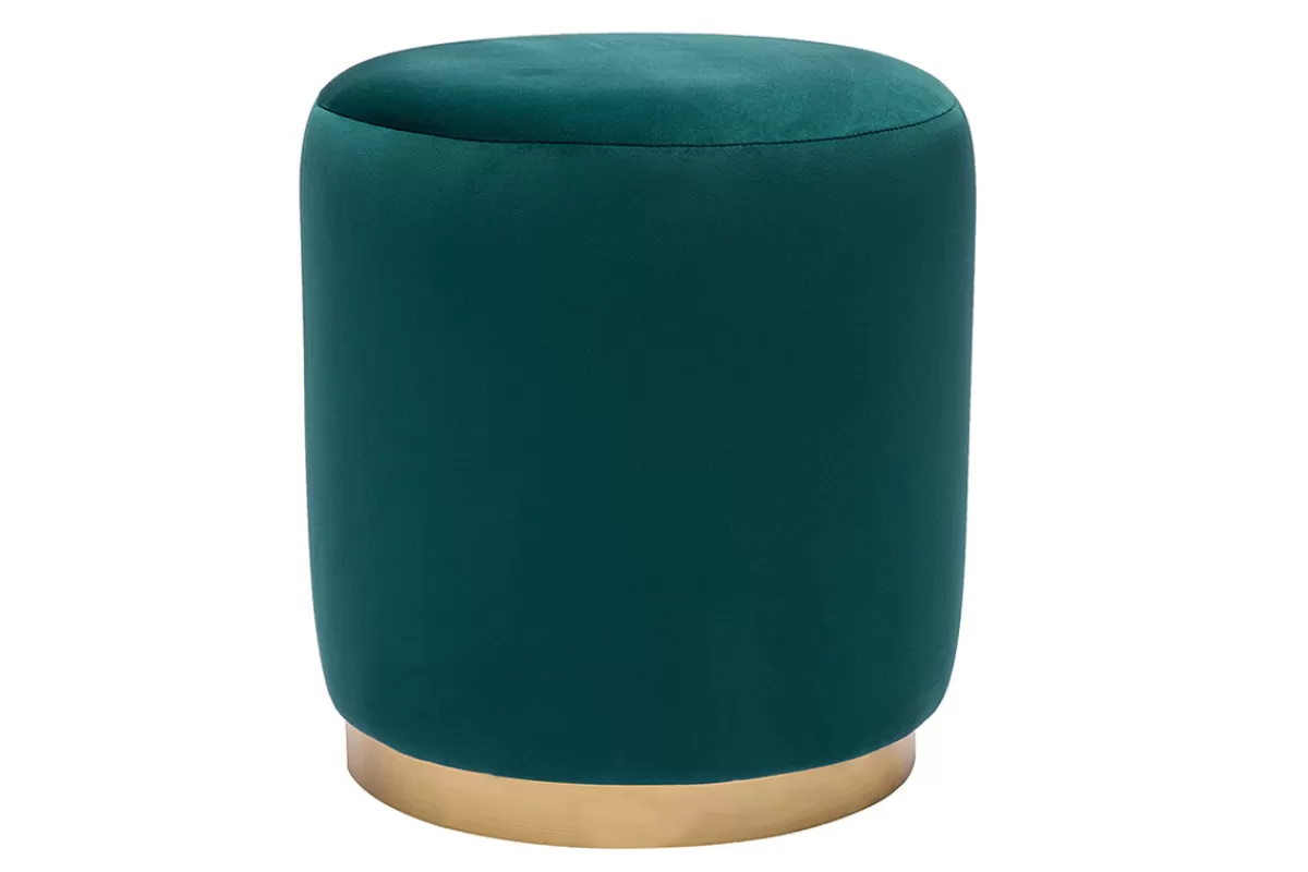 Miliboo Puffs / Reposapiés | Puffs / Reposapiés-Puf redondo de terciopelo azul petróleo y metal dorado Ø40 cm AMAYA