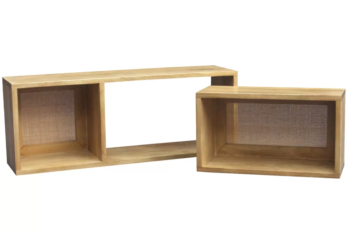 Miliboo Estantería-Set de 2 estanterías de pared con compartimentos de madera maciza de mango y caña de ratán 80 cm ACANGE