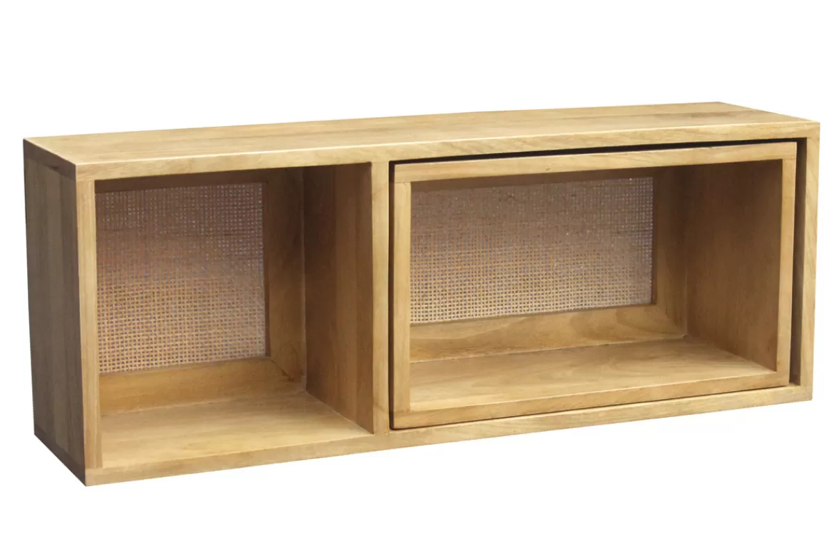 Miliboo Estantería-Set de 2 estanterías de pared con compartimentos de madera maciza de mango y caña de ratán 80 cm ACANGE