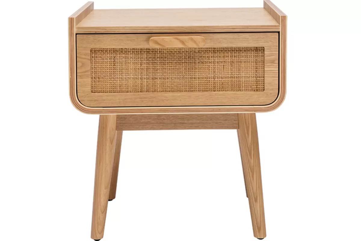 Miliboo Mesillas De Noche-Set de 2 mesillas de noche con cajón de madera maciza clara y caña de ratán 50 cm ATHÈNE