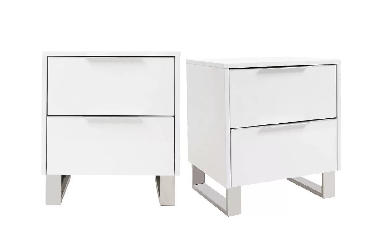 Miliboo Mesillas De Noche-Set de 2 mesillas de noche de diseño blanco lacado y metal cromado 45 cm HALIFAX
