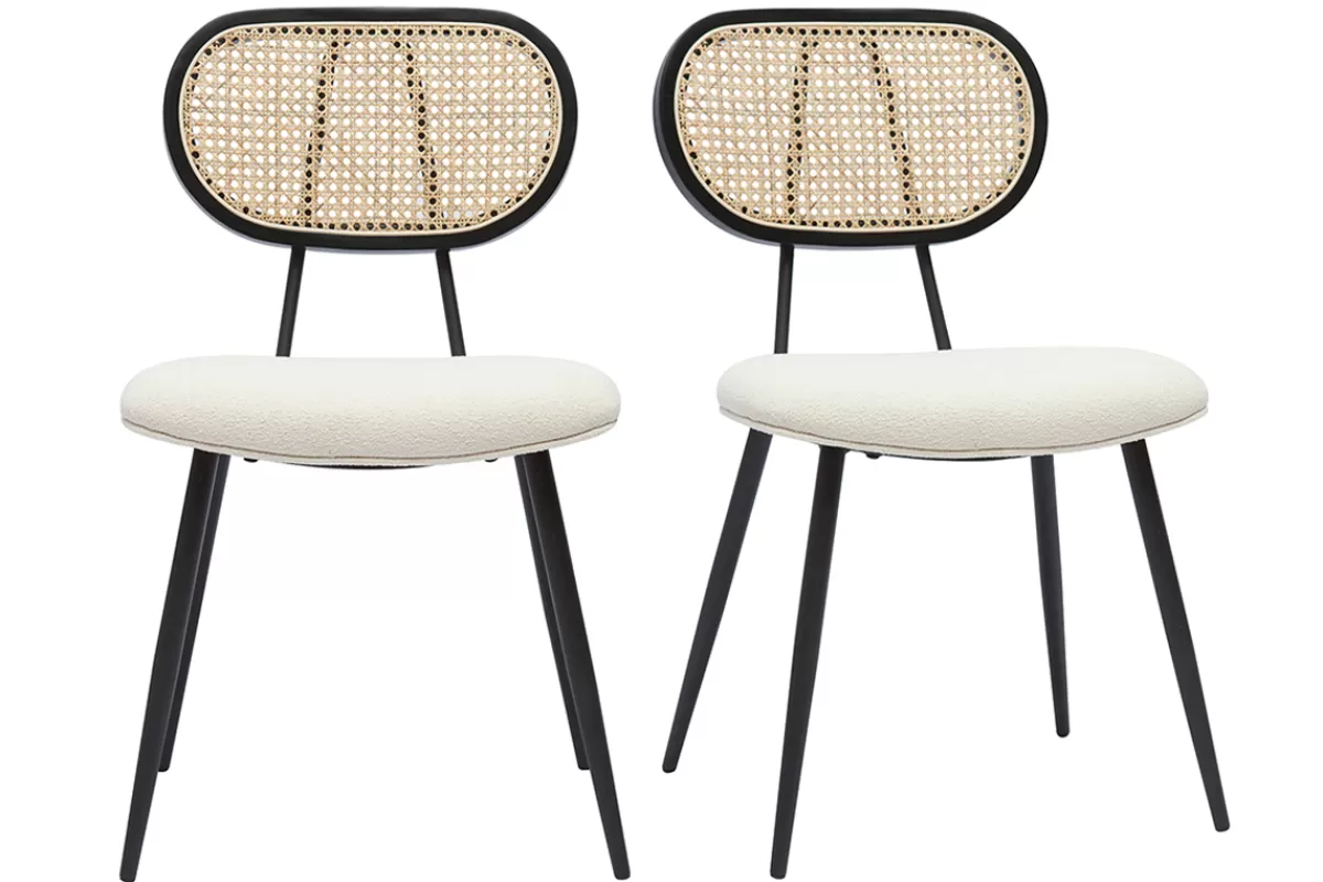Miliboo Sillas Modernas-Set de 2 sillas de diseño de borreguillo blanco roto, metal negro y rejilla de ratán natural TOLMA