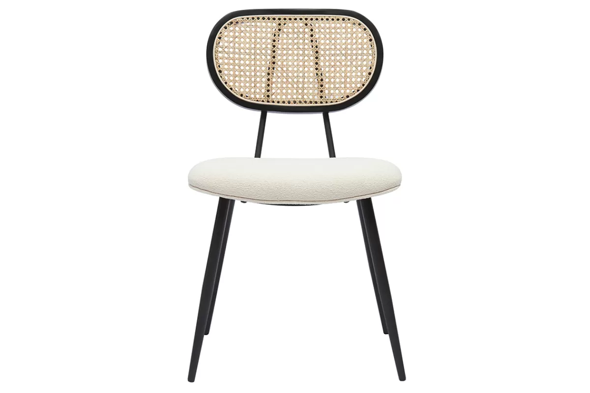 Miliboo Sillas Modernas-Set de 2 sillas de diseño de borreguillo blanco roto, metal negro y rejilla de ratán natural TOLMA