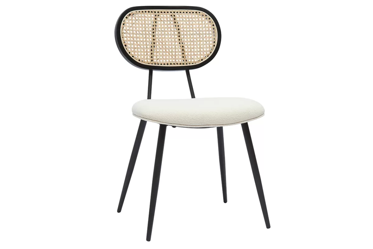 Miliboo Sillas Modernas-Set de 2 sillas de diseño de borreguillo blanco roto, metal negro y rejilla de ratán natural TOLMA