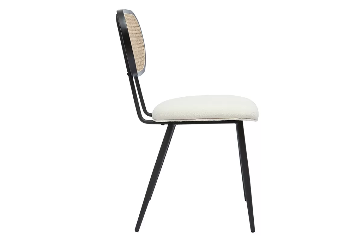 Miliboo Sillas Modernas-Set de 2 sillas de diseño de borreguillo blanco roto, metal negro y rejilla de ratán natural TOLMA