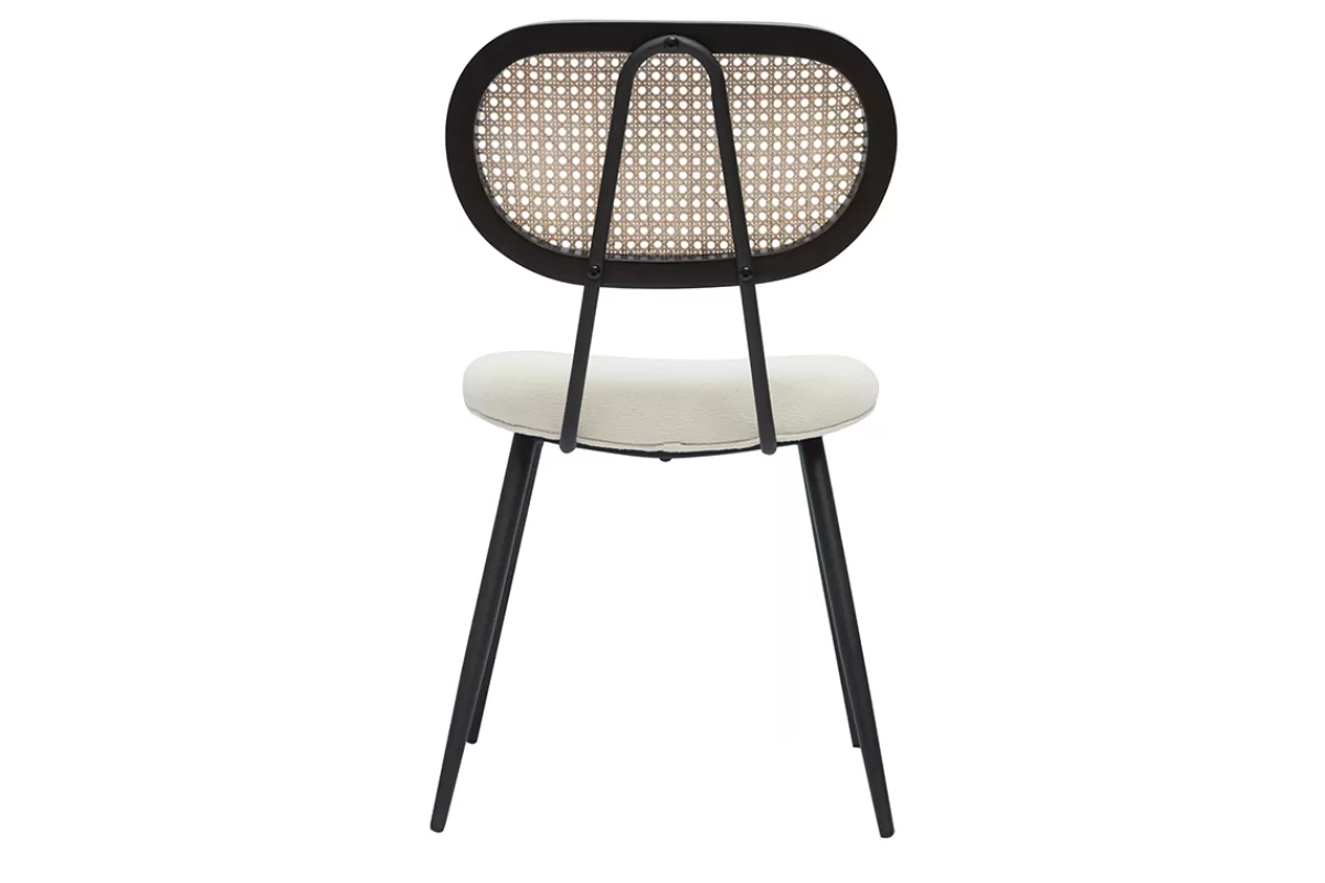 Miliboo Sillas Modernas-Set de 2 sillas de diseño de borreguillo blanco roto, metal negro y rejilla de ratán natural TOLMA