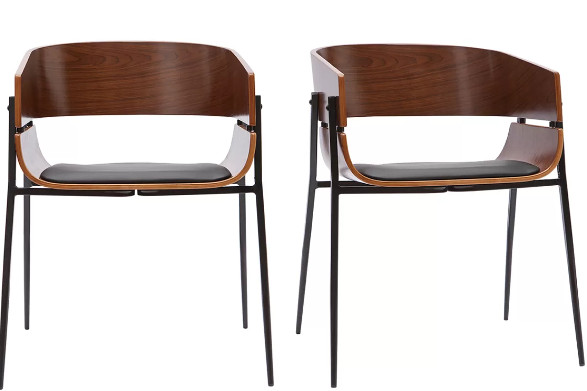 Miliboo Sillas Modernas-Set de 2 sillas de diseño de madera oscura y metal negro WESS