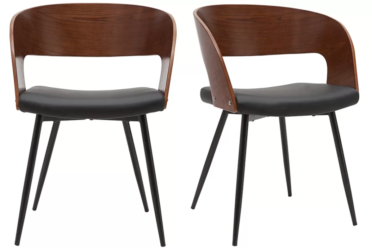 Miliboo Sillas Modernas | Sillas De Madera-Set de 2 sillas de diseño de nogal oscuro con asiento y metal negro RIFF