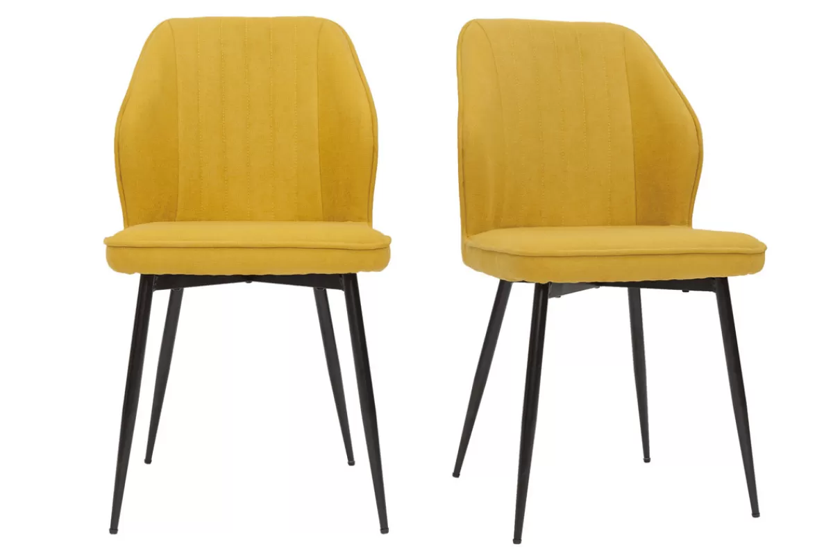 Miliboo Sillas Modernas-Set de 2 sillas de diseño de tejido efecto aterciopelado amarillo mostaza con patas de metal negro FANETTE