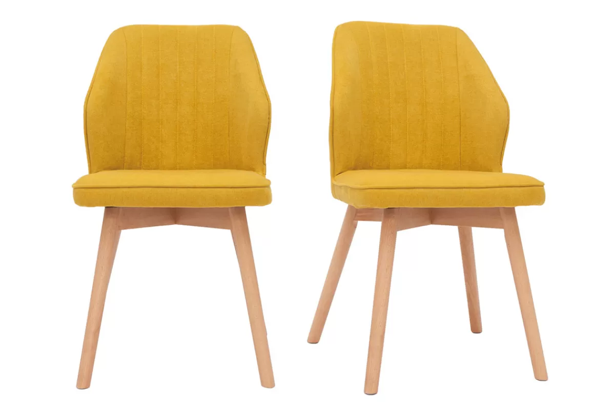 Miliboo Sillas Modernas-Set de 2 sillas de diseño de tela efecto aterciopelado amarillo mostaza con patas de madera clara maciza FANETTE
