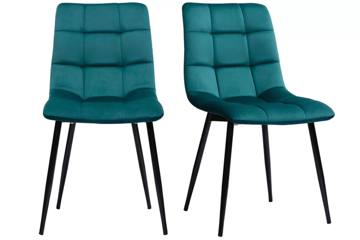 Miliboo Sillas Modernas-Set de 2 sillas de diseño de terciopelo azul petróleo y metal negro MAXWELL