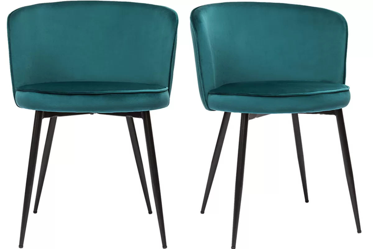 Miliboo Sillas Modernas-Set de 2 sillas de diseño de terciopelo azul petróleo y metal negro SERIF