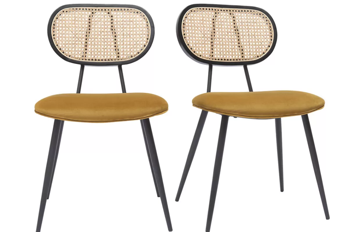 Miliboo Sillas Modernas-Set de 2 sillas de diseño de terciopelo bronce, metal negro y rejilla de ratán natural TOLMA