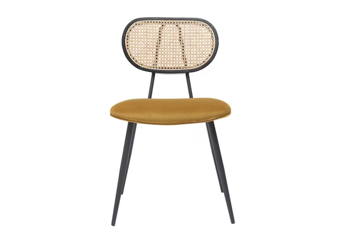 Miliboo Sillas Modernas-Set de 2 sillas de diseño de terciopelo bronce, metal negro y rejilla de ratán natural TOLMA
