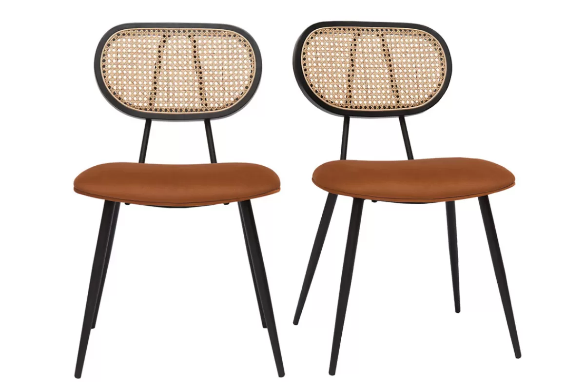 Miliboo Sillas Modernas-Set de 2 sillas de diseño de terciopelo terracota, metal negro y rejilla de ratán natural TOLMA