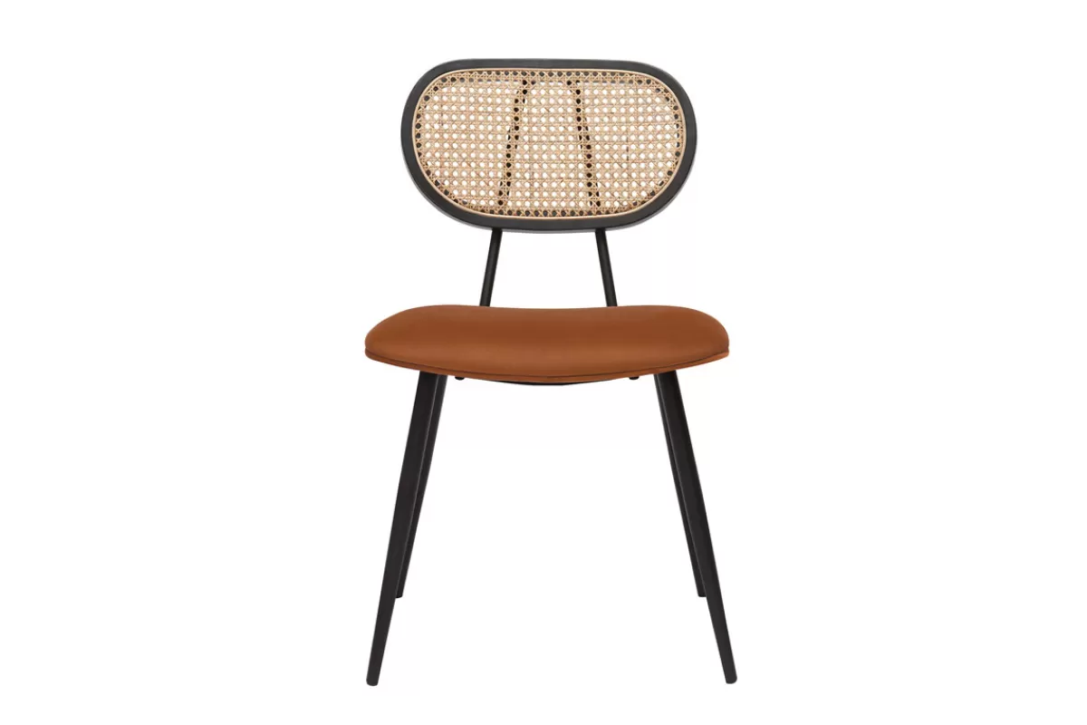 Miliboo Sillas Modernas-Set de 2 sillas de diseño de terciopelo terracota, metal negro y rejilla de ratán natural TOLMA