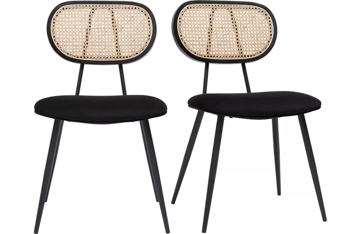Miliboo Sillas Modernas-Set de 2 sillas de diseño negras de terciopelo, metal y rejilla de ratán natural TOLMA