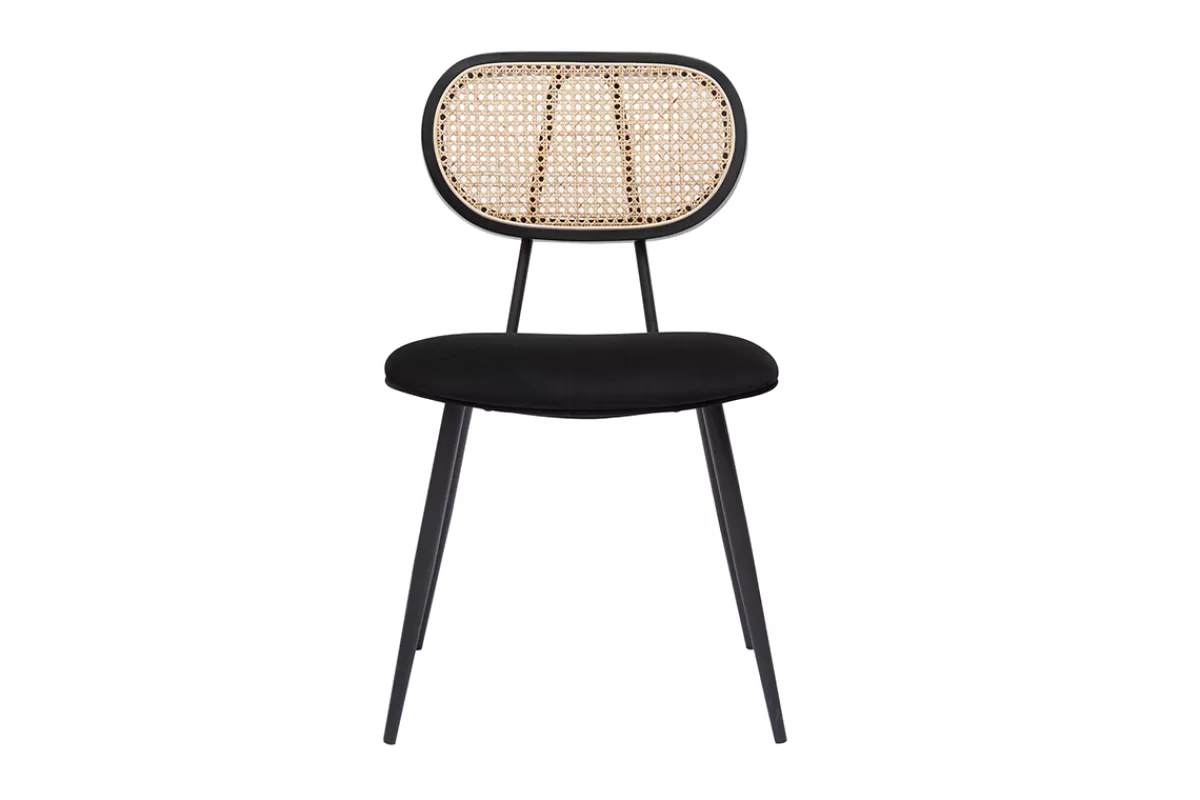 Miliboo Sillas Modernas-Set de 2 sillas de diseño negras de terciopelo, metal y rejilla de ratán natural TOLMA
