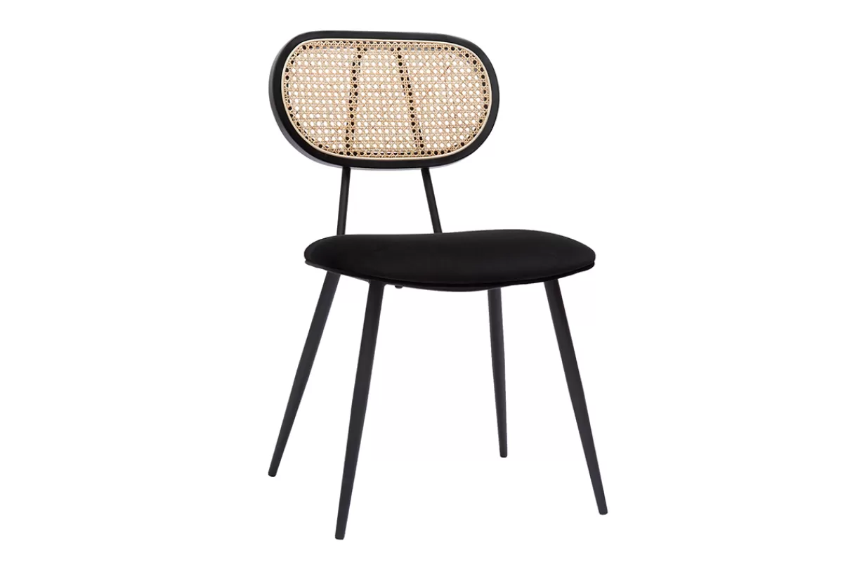 Miliboo Sillas Modernas-Set de 2 sillas de diseño negras de terciopelo, metal y rejilla de ratán natural TOLMA
