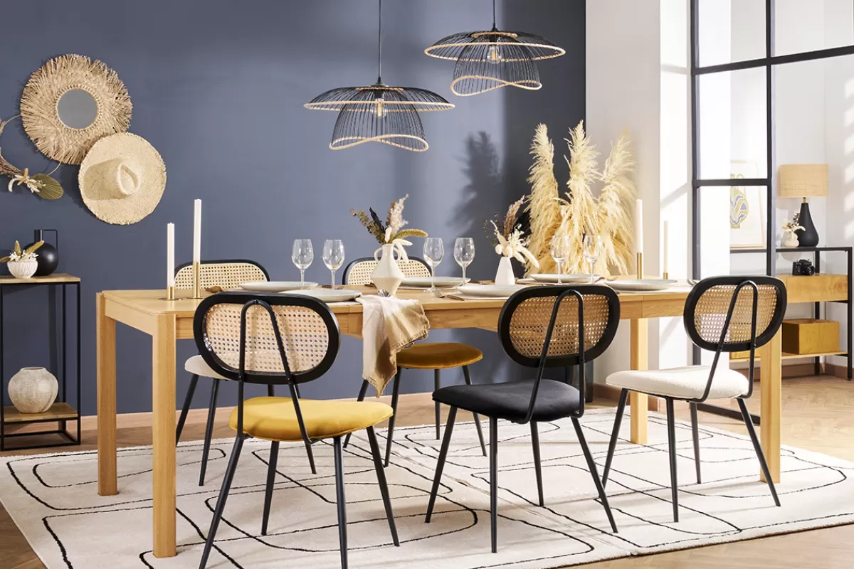 Miliboo Sillas Modernas-Set de 2 sillas de diseño negras de terciopelo, metal y rejilla de ratán natural TOLMA