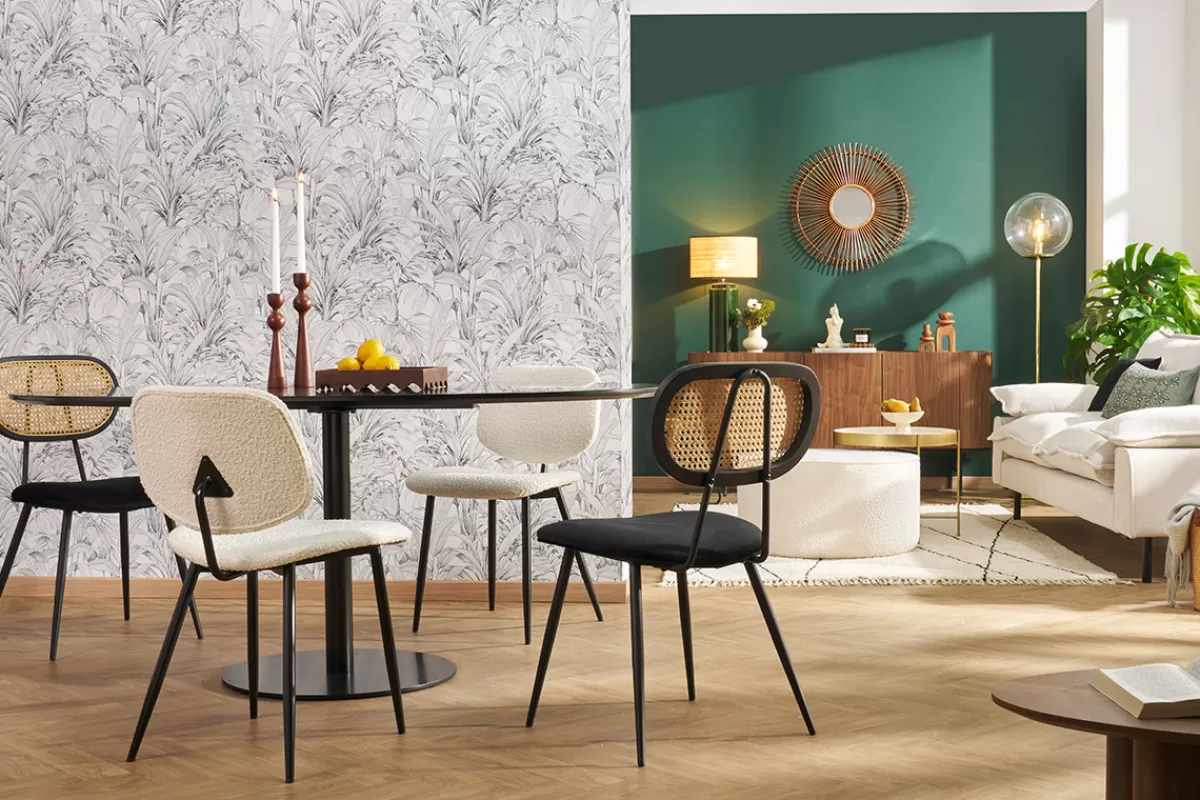 Miliboo Sillas Modernas-Set de 2 sillas de diseño negras de terciopelo, metal y rejilla de ratán natural TOLMA