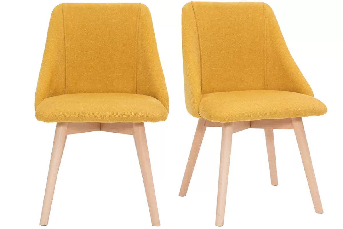 Miliboo Sillas Modernas-Set de 2 sillas de tela efecto aterciopelado texturizado amarillo mostaza y madera maciza HIGGINS