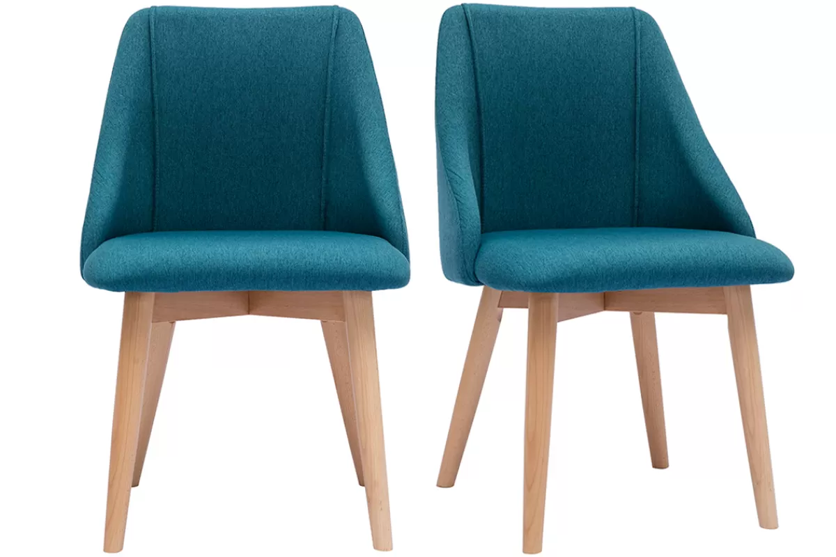 Miliboo Sillas Modernas-Set de 2 sillas de tela efecto aterciopelado texturizado azul petróleo y madera clara maciza HIGGINS