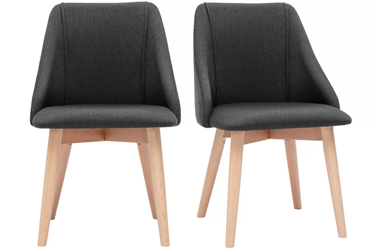 Miliboo Sillas Modernas-Set de 2 sillas de tela efecto aterciopelado texturizado gris oscuro y madera clara maciza HIGGINS