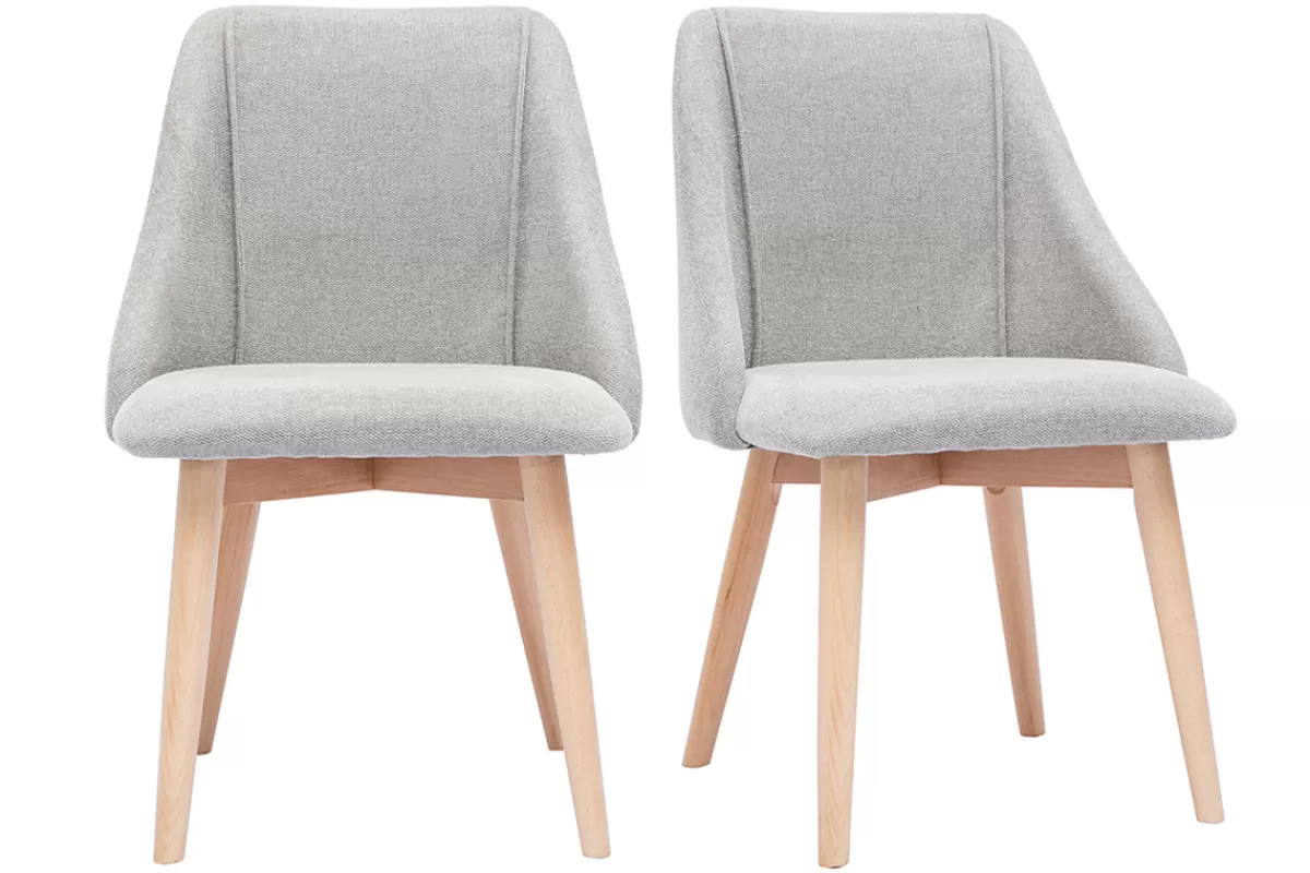 Miliboo Sillas Modernas-Set de 2 sillas de tela efecto aterciopelado texturizado gris y madera clara maciza HIGGINS