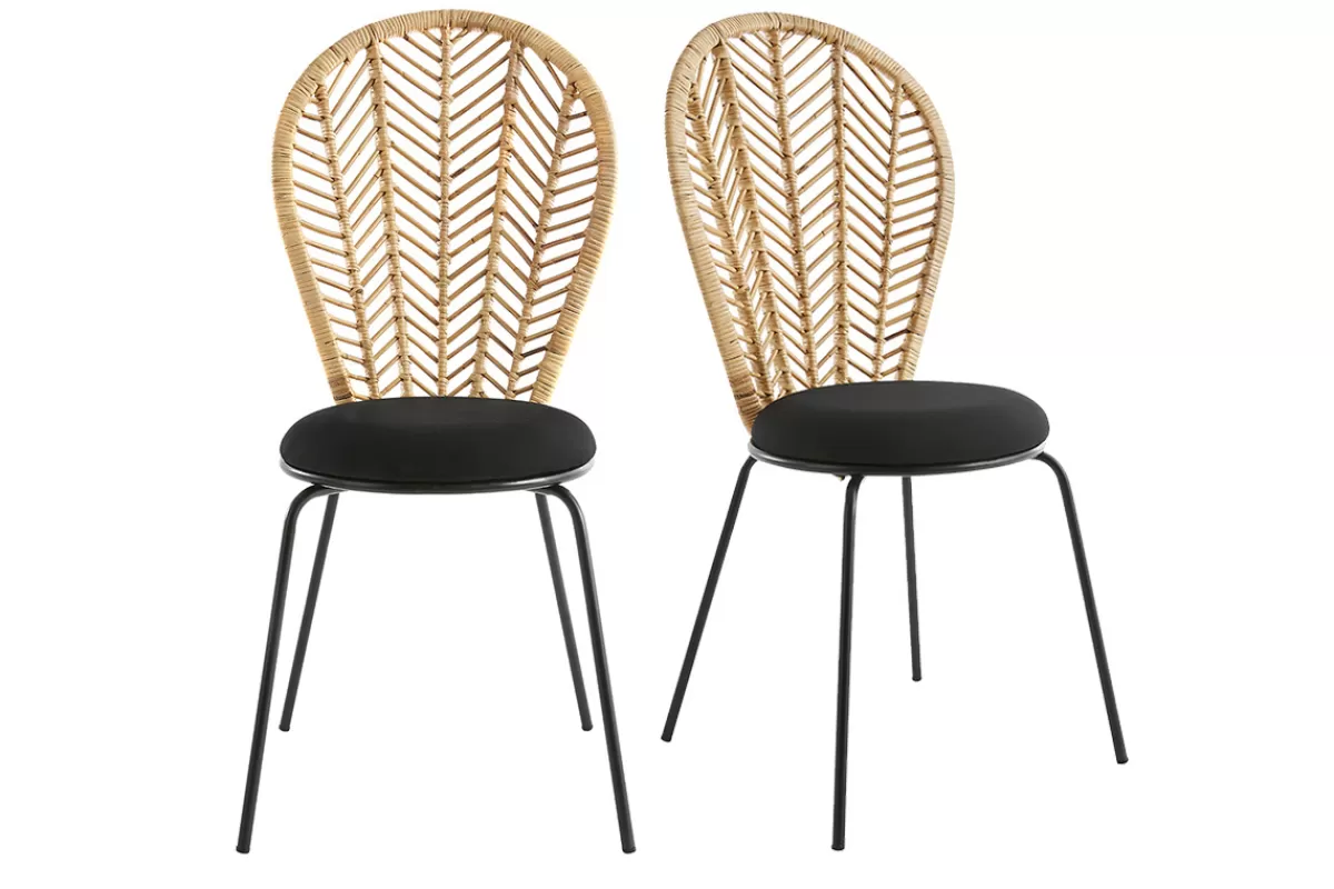 Miliboo Sillas Modernas-Set de 2 sillas negras de ratán, tela y metal PEACOCK